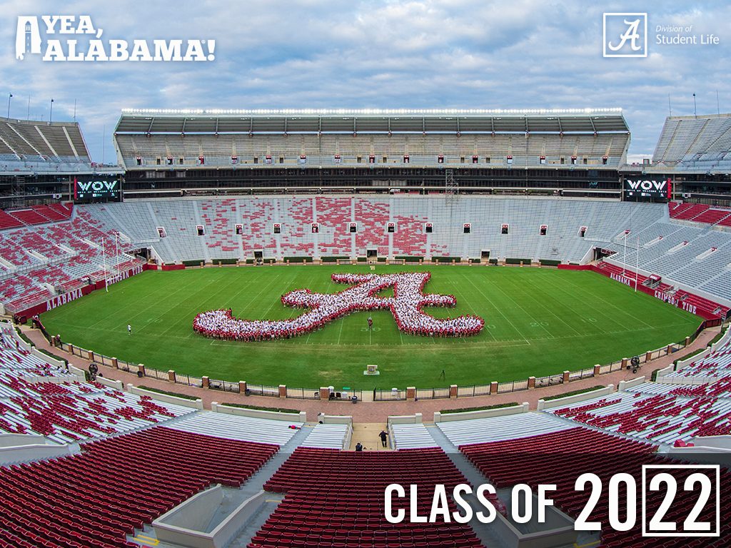 Class of 2022 forms the Script A on the field at Bryant-Denny Stadium.